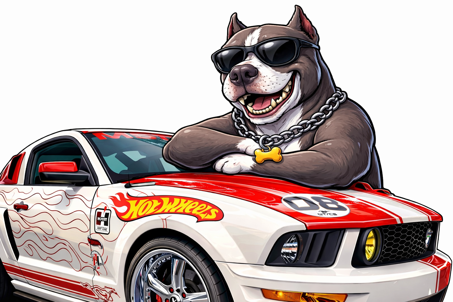 Cartoon dog leaning on cartoon muscle car